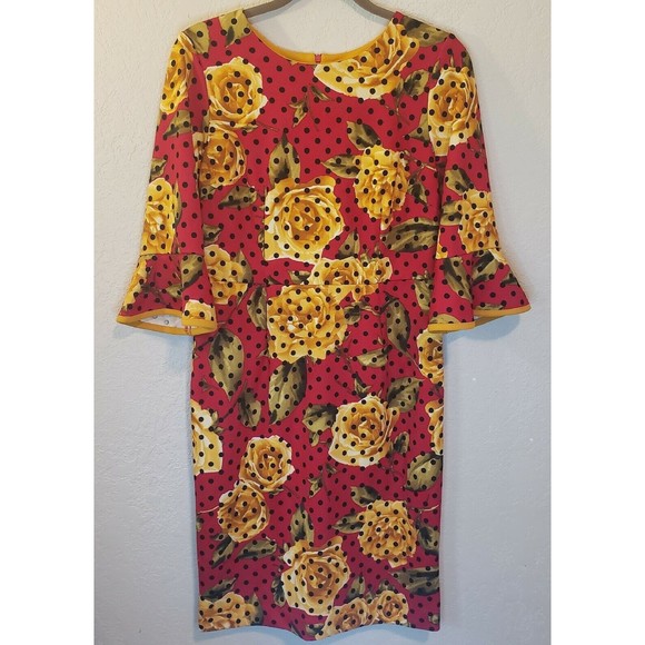 Shelby & Palmer Sheath Dress Red Yellow Floral 3/4 Sleeve Size 10 - Picture 2 of 12